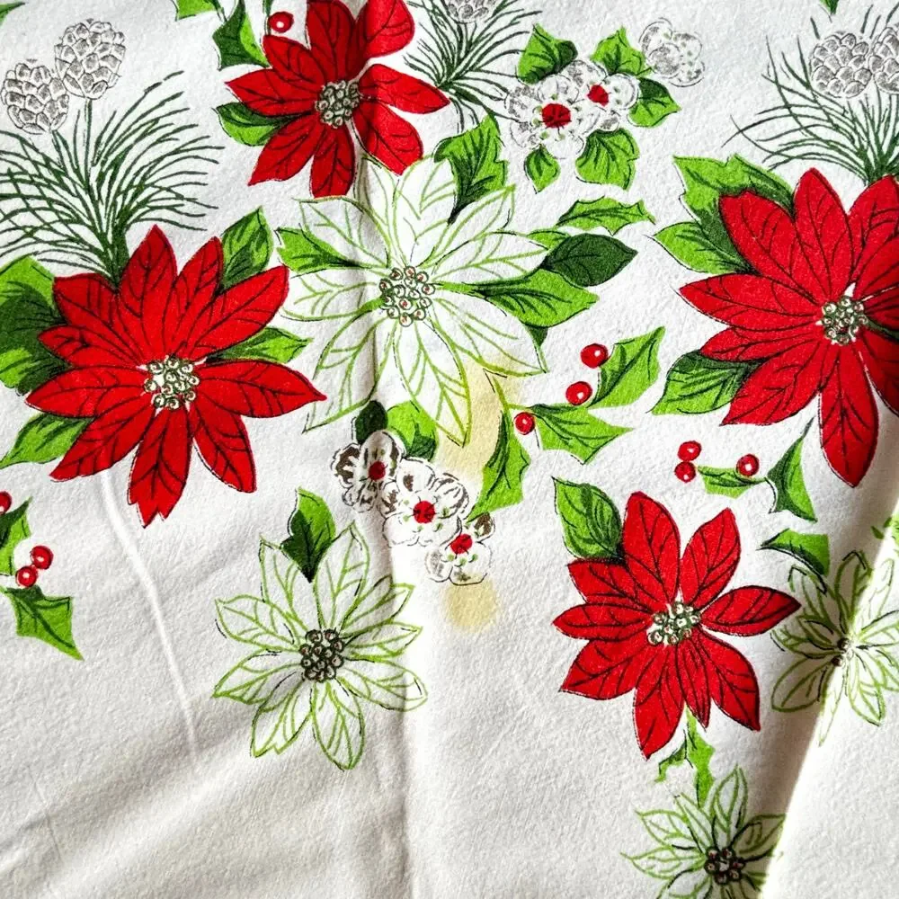 Vintage Christmas tablecloth printed cotton round soft fringe red green festive